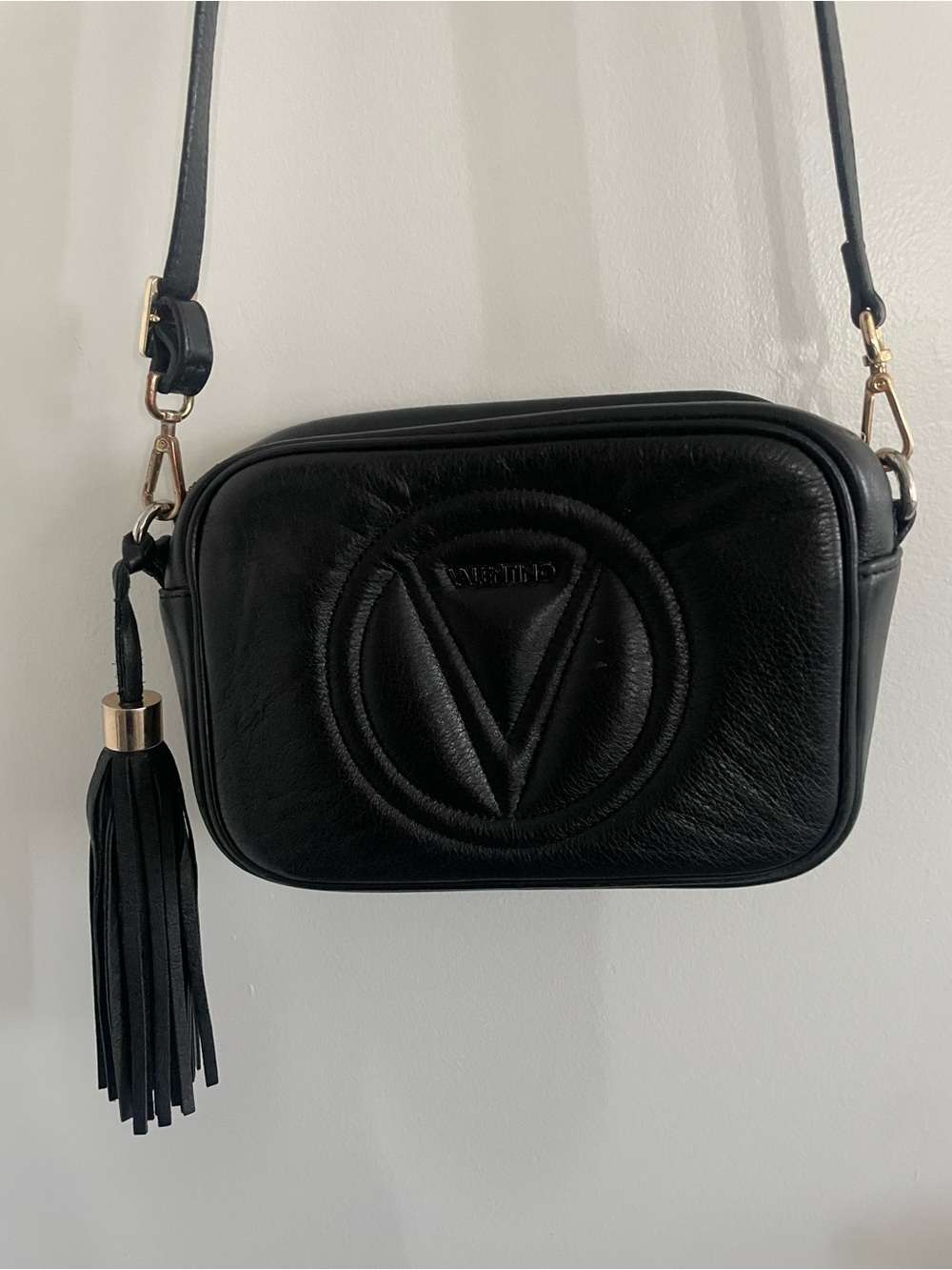 Valentino Black Leather Crossbody Bag with Tassel and Multi Color Accents